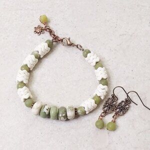 Adjustable Bracelet & Earring SET! Pale Green + Ecru + Copper Beaded Jewelry